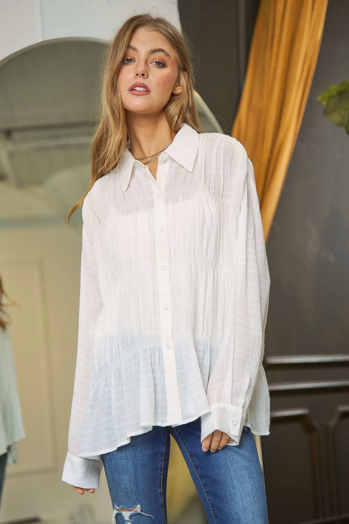 Davi & Dani Ruched All Over Button Front Shirt