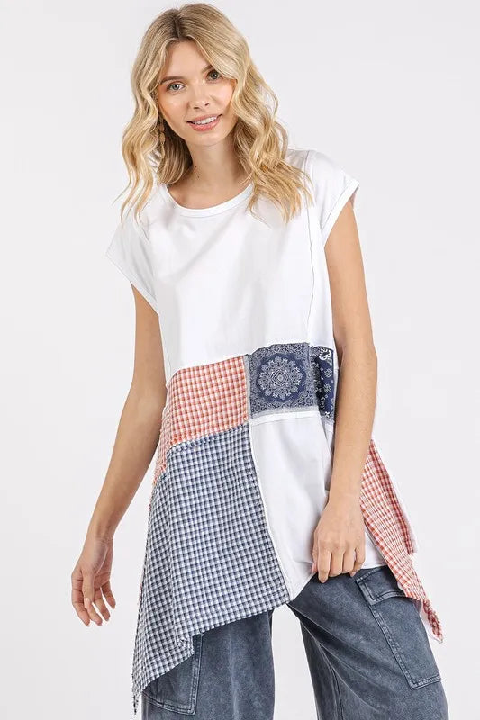 Mittoshop Patchwork Mineral Washed Round Neck Cap Sleeve Top White