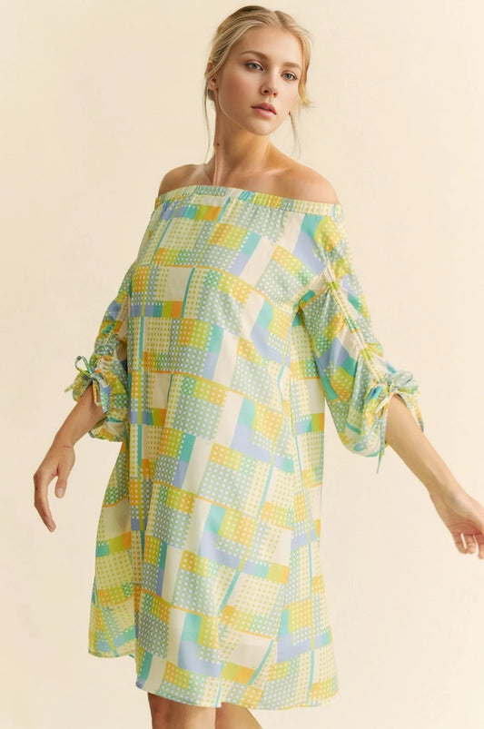 Davi & Dani Printed Off Shoulder Drawstring Sleeve Mini Dress LT.BLUE CREAM