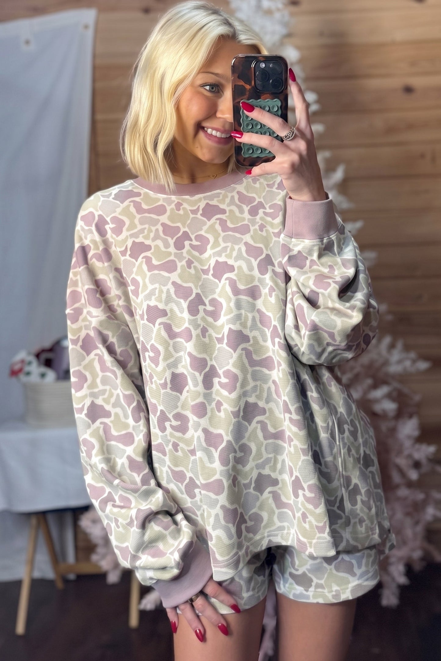 Camo Waffle Knit Long Sleeve Top & Shorts Set