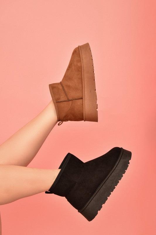 WILD DIVA Suede Round Toe Platform Booties Black