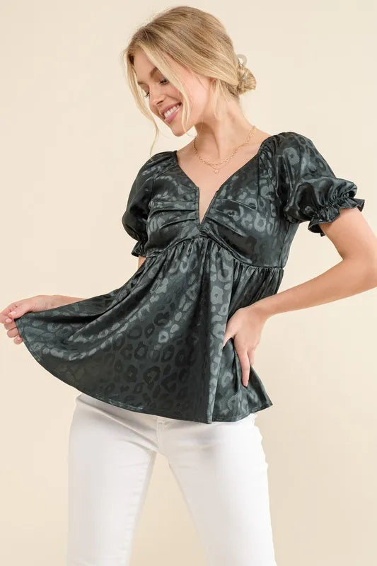 And The Why Satin Leopard V Wired Puff Sleeves Blouse TEAL