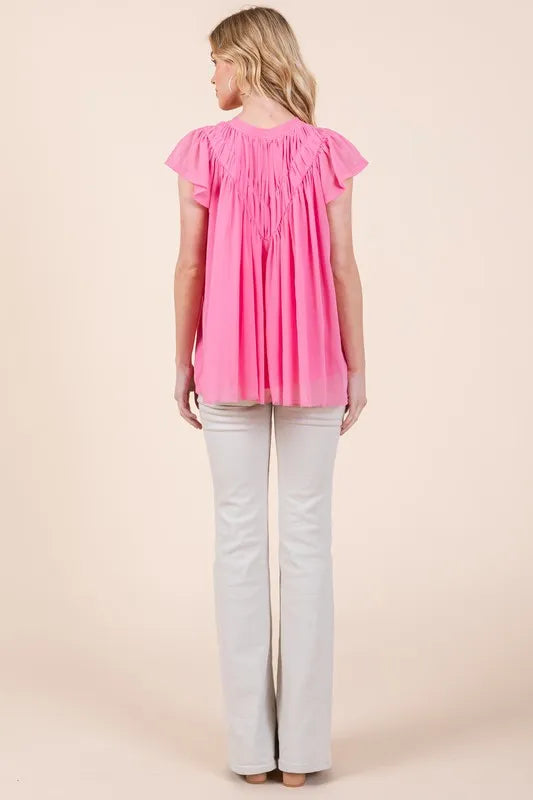 Lime 'N' Chili Solid Shirred Flutter Sleeve Chiffon Blouse