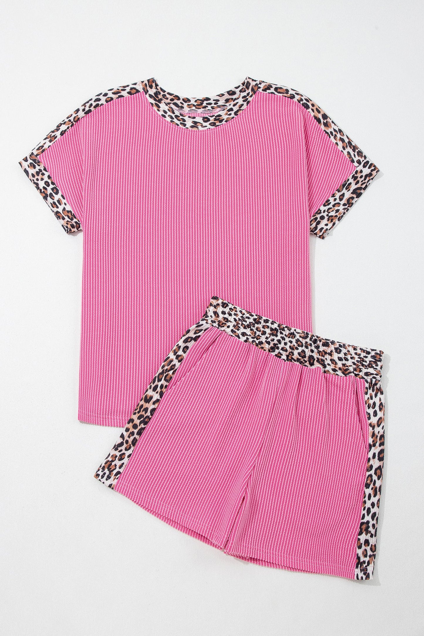 Leopard Trim Corded Knit Top & Shorts Set