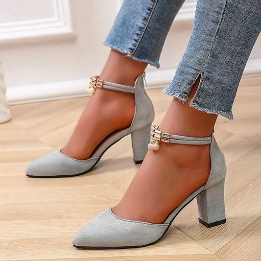 Point Toe Block Heels Pumps Gray