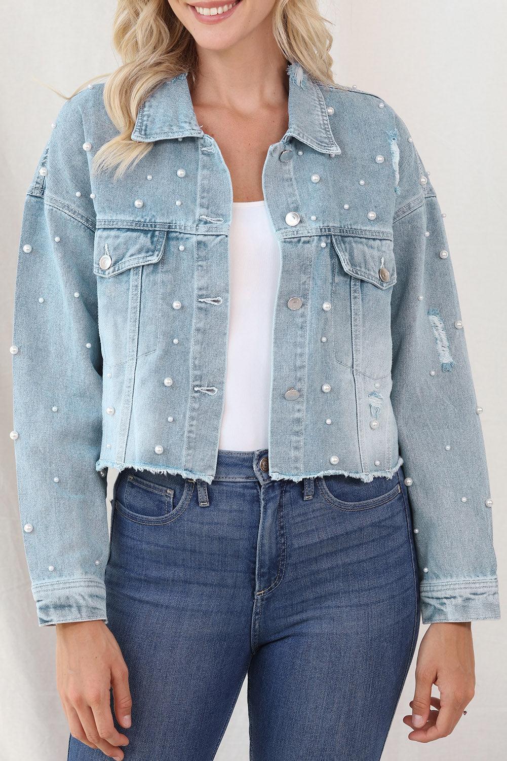 Distressed Pearl Trim Button Up Denim Jacket Light