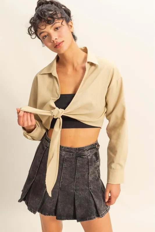 HYFVE Washed Tie Front Crop Top LIGHT TAUPE