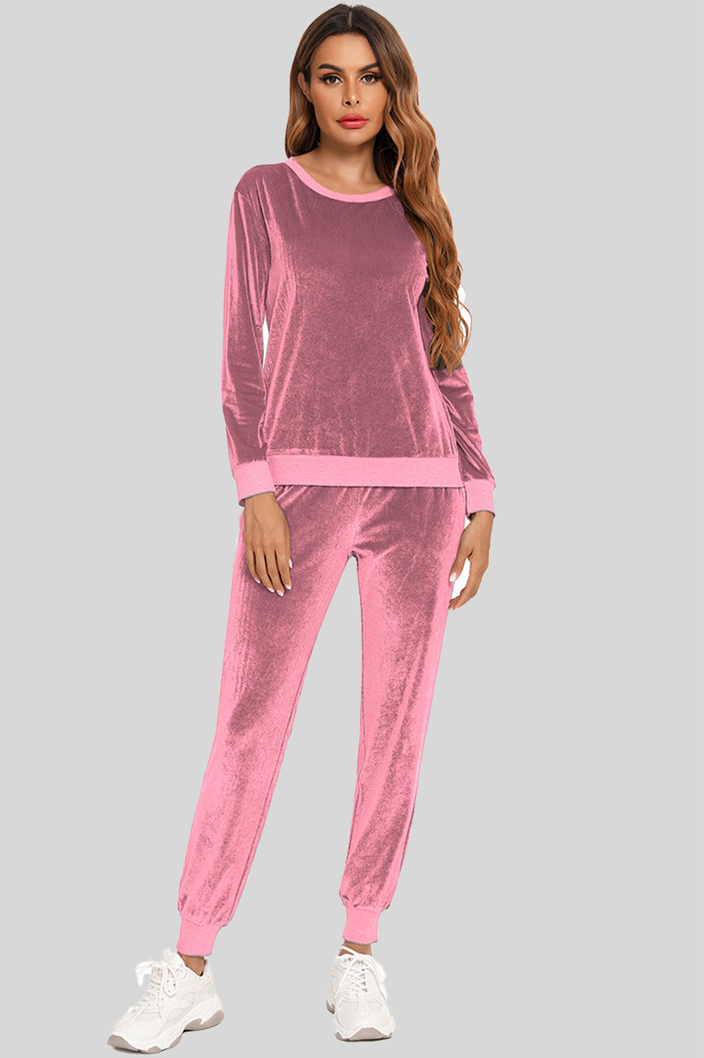 Round Neck Long Sleeve Loungewear Set with Pockets Dusty Pink