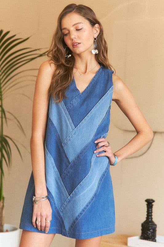 ADORA Chevron Color Block V-Neck Denim Dress Denim