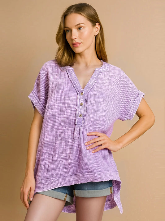 Zenana Washed Double Gauze 3/4 Button Henley Neck Shirt LAVENDER