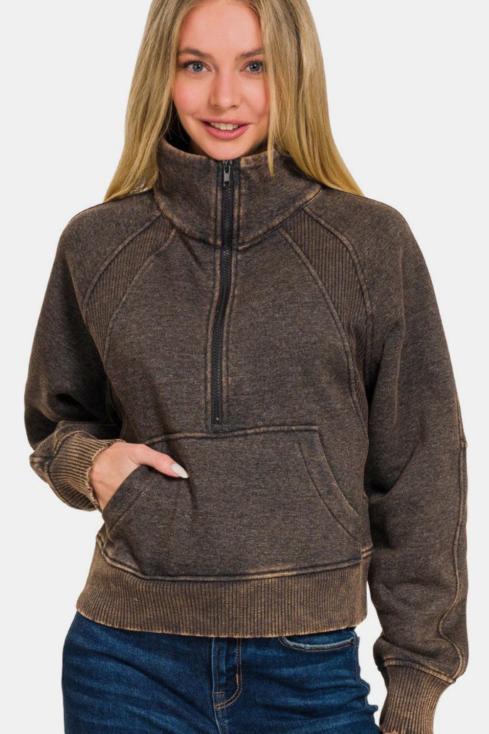 Zenana Acid Washed Half Zip Fleece Sweatshirt Ash Black