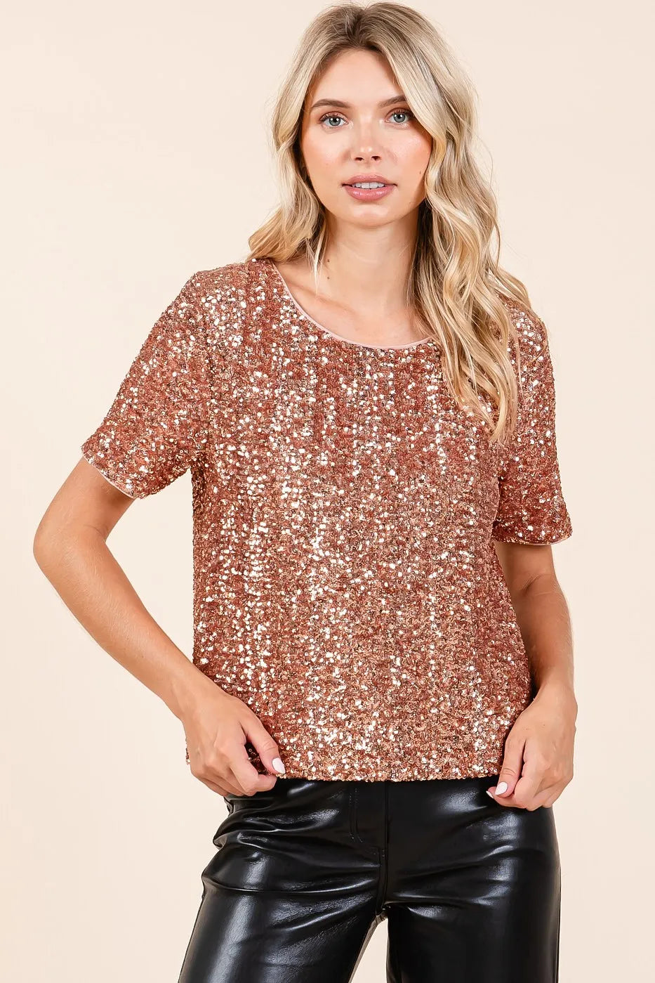 Mittoshop Sequin Short Sleeve Round Neck Cropped Blouse