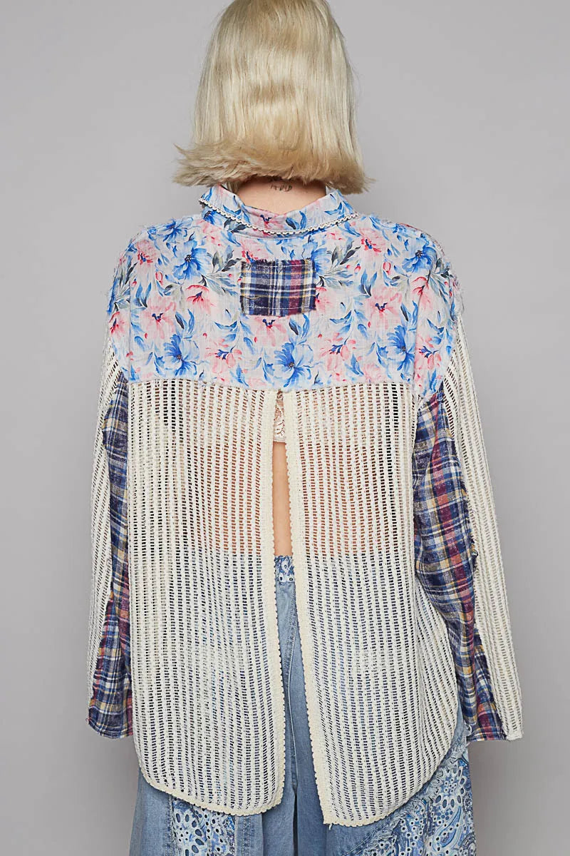 POL Floral Slit Back Plaid Patchwork Shirt
