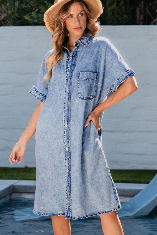 Pocketed Button Up Half Sleeve Denim Dress Medium
