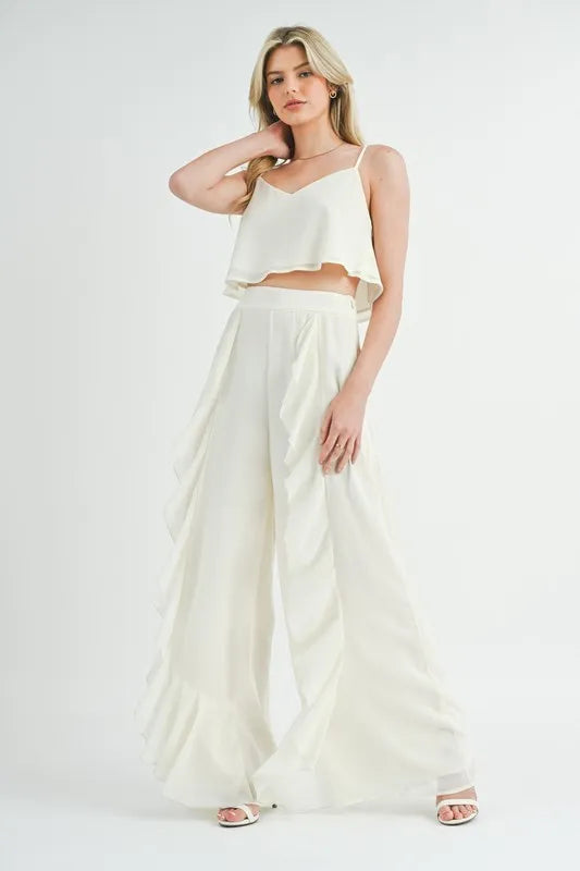 MABLE Crop Cami and Ruffled Wide Leg Pants Set Cream