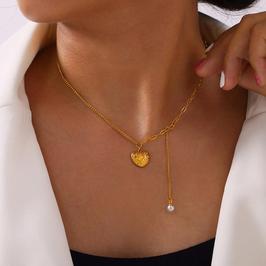 Titanium Steel Imitation Pearl Heart Pendant Necklace Gold One Size