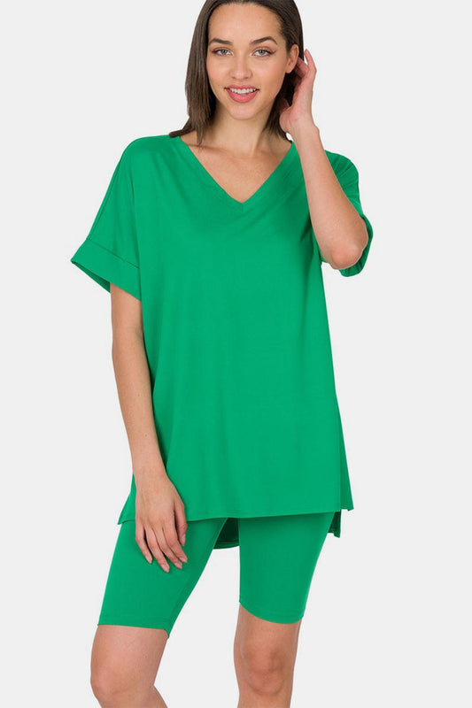 Zenana V-Neck Short Sleeve T-Shirt and Biker Shorts Set GREEN
