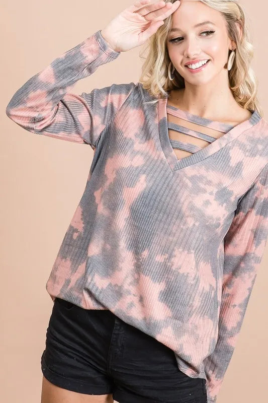 BiBi Variegated Tie Dye Rib V-Neck Top with Strapped