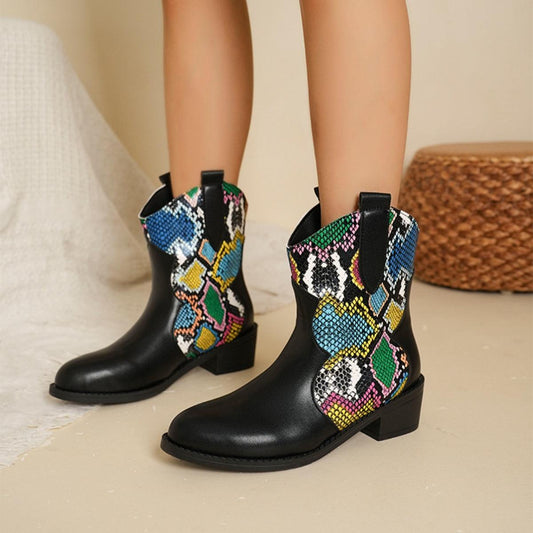 PU Leather Color Block Boots Snakeskin