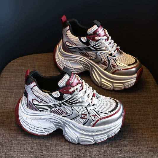 Lace Up Round Toe Platform Sneakers Red