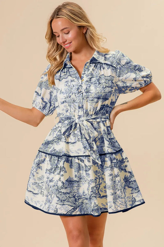BiBi Woven Printed Tiered Dress NAVY