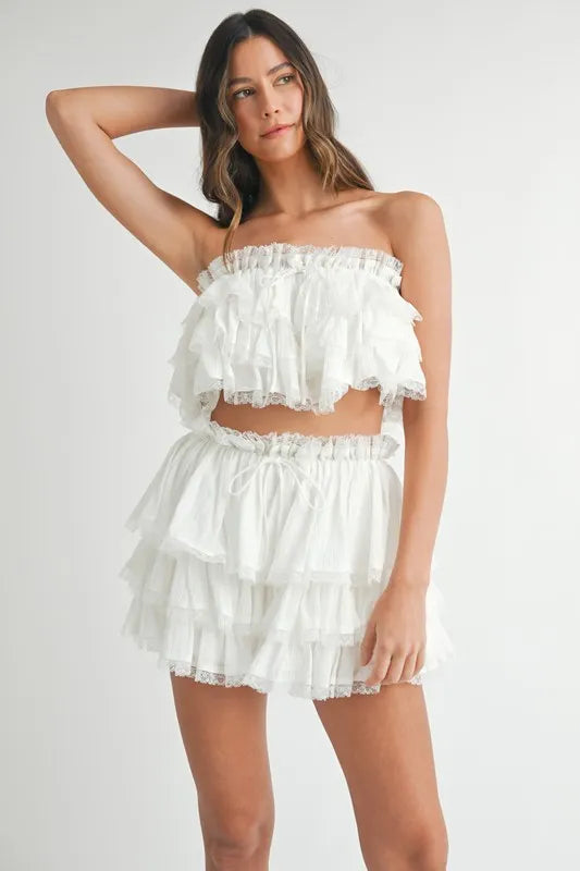 MABLE Ruffle Layered Crop Top and Mini Skirt Set Off White
