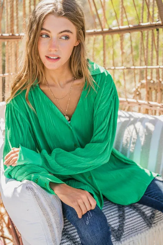 And The Why V Neck Pleated Long Sleeves Shirt GREEN