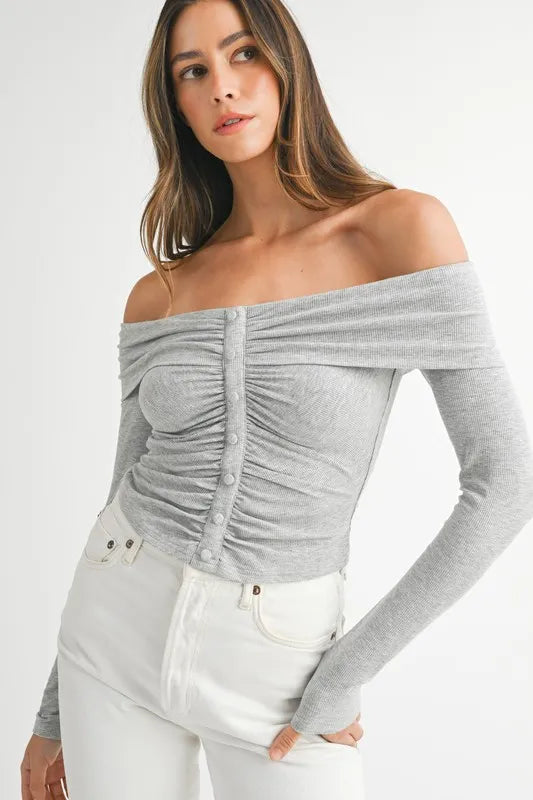 MABLE Off-Shoulder Long Sleeve T-Shirt Light Gray