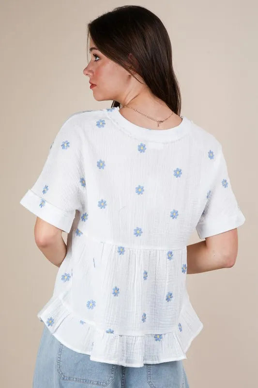 VERY J Flower Embroidered Woven Blouse