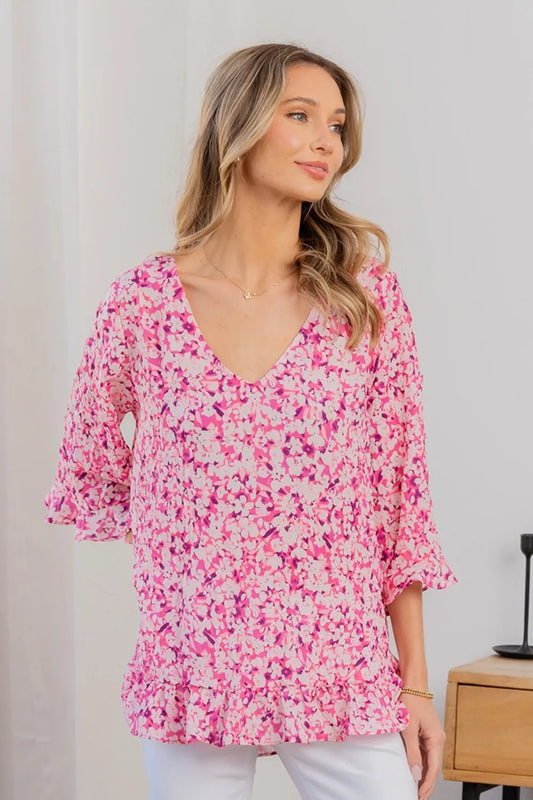 Sew In Love Full Size Floral V-Neck Flounce Sleeve Top Pink Coral