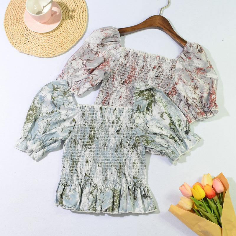 Slim Blouse French Style Tops Leaves Flower Print  Shirt women Elastic Body women's clothing official