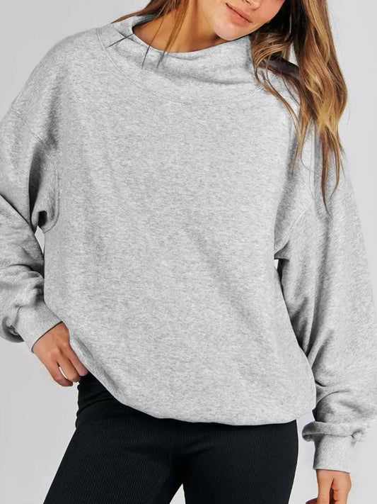 Mock Neck Drop Shoulder Long Sleeve Sweatshirt Light Gray