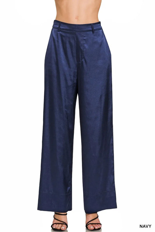 Zenana Wide-Leg Satin Pants NAVY