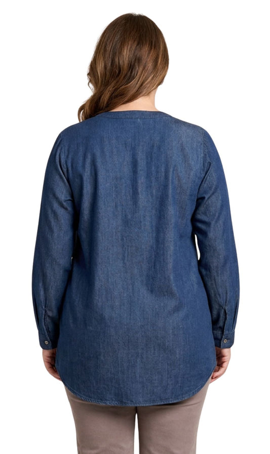 Women's Denim Pintuck Button-Front Tunic Top