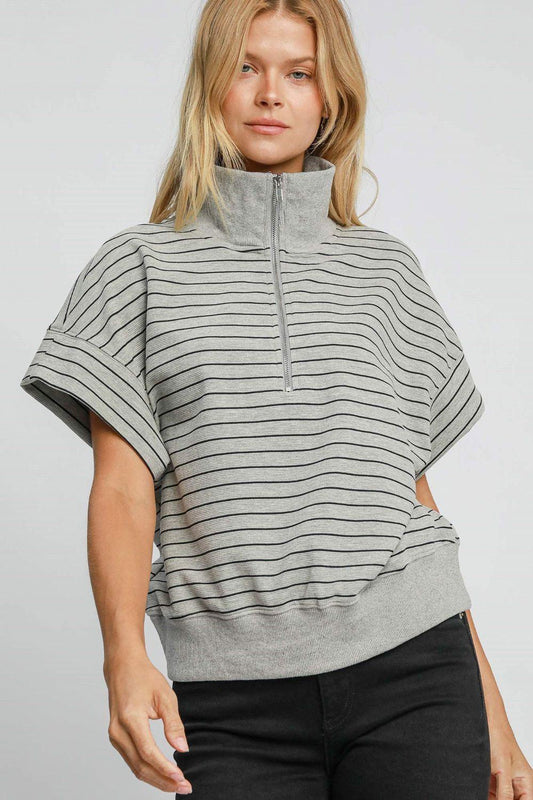 Umgee Striped Half Zip Short Sleeve Sweatshirt Gray