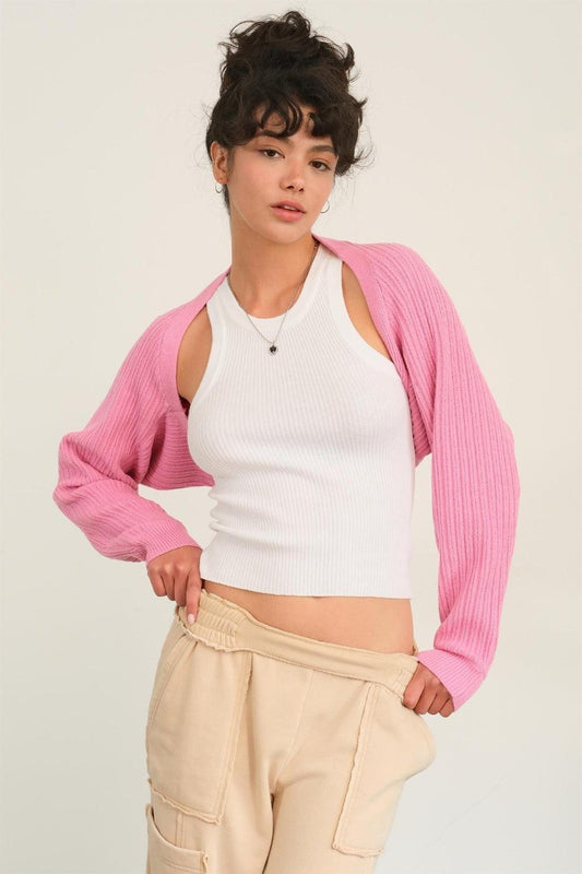 HYFVE Ribbed Knit Bolero Cardigan Rose Pink