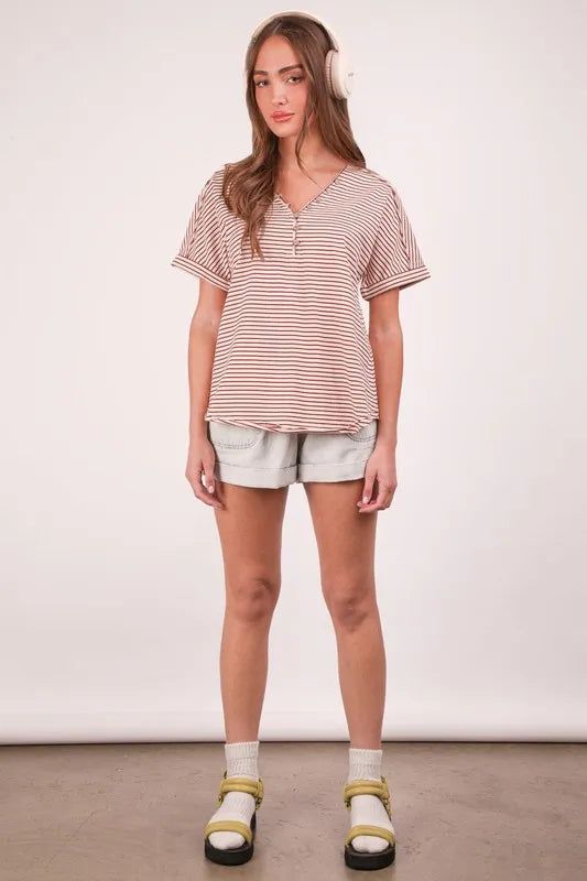 VERY J Striped V-Neck Short Sleeve T-Shirt