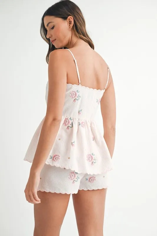 MABLE Stripe Embroidered Peplum Cami and Shorts Set