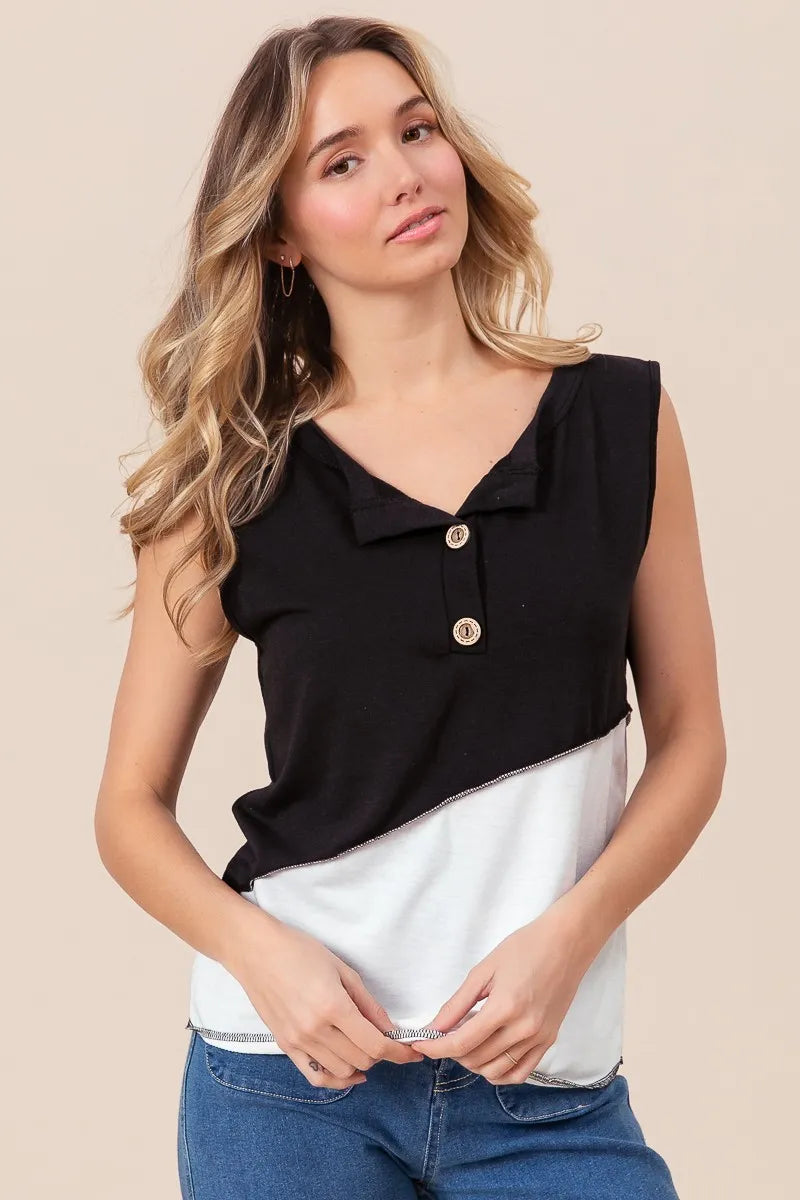 BiBi Color Block Contrast Stitching Buttoned Henley Top BLACK OFF WHITE