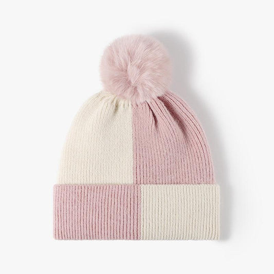 Color Block Knit Hat with Pom-pom Blush Pink One Size