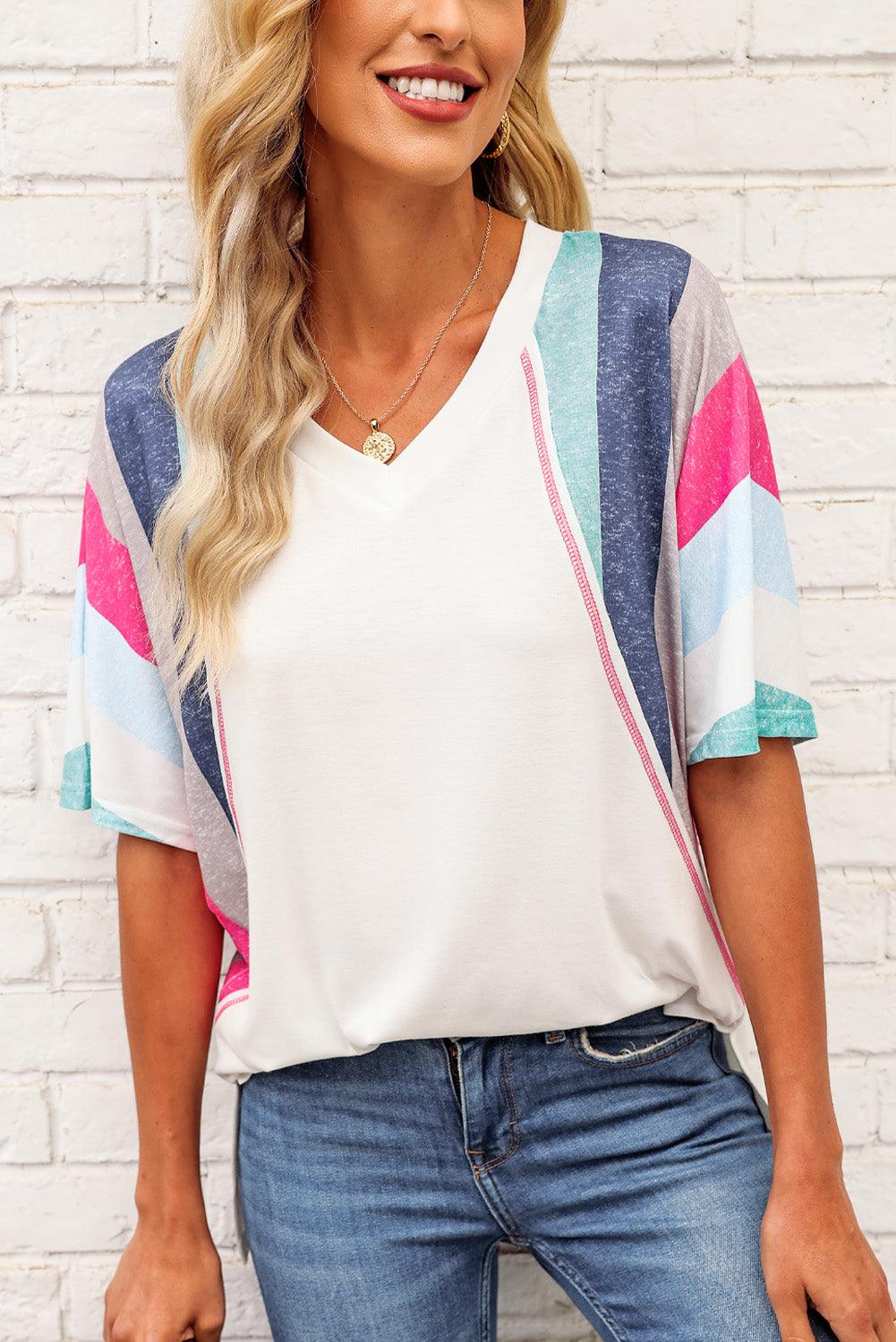 Rainbow Stripe Slit V-Neck T-Shirt White