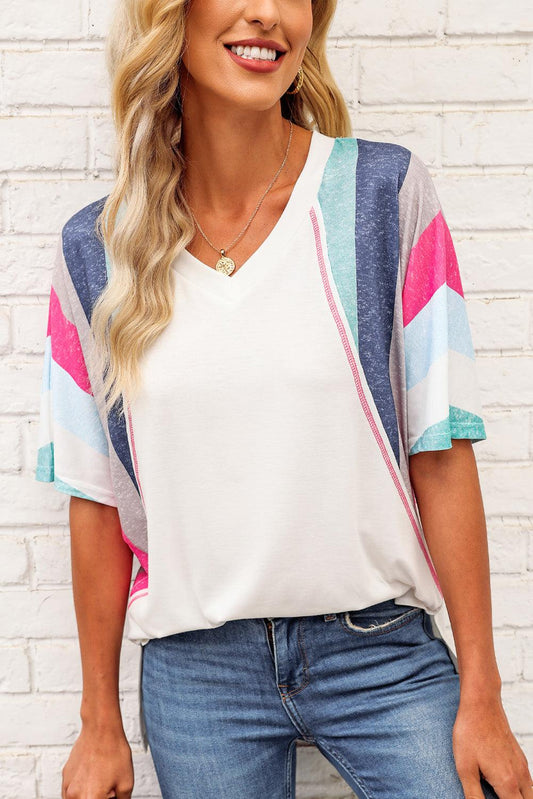 Rainbow Stripe Slit V-Neck T-Shirt White