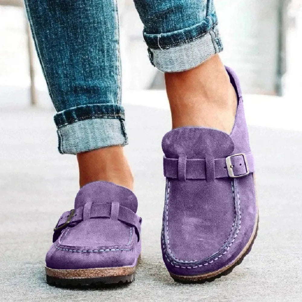 Round Toe Low Heel Buckle Loafers Purple