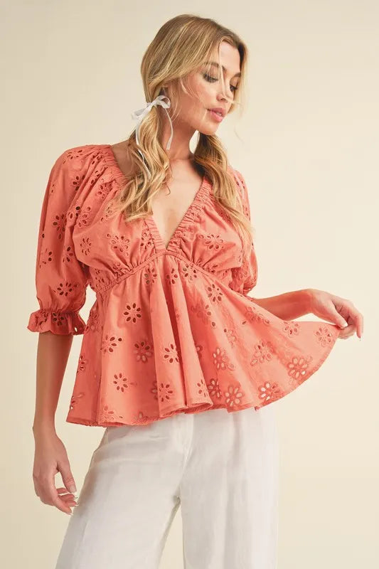 Aemi + Co Eyelet Embroidered V-Neck Half Sleeve Peplum Blouse