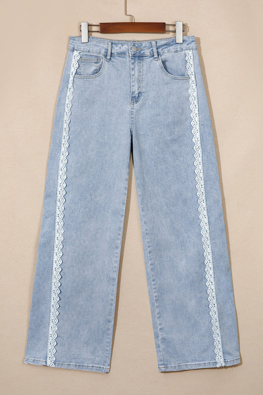 Lace Trim Side Stripe Straight Leg Jeans