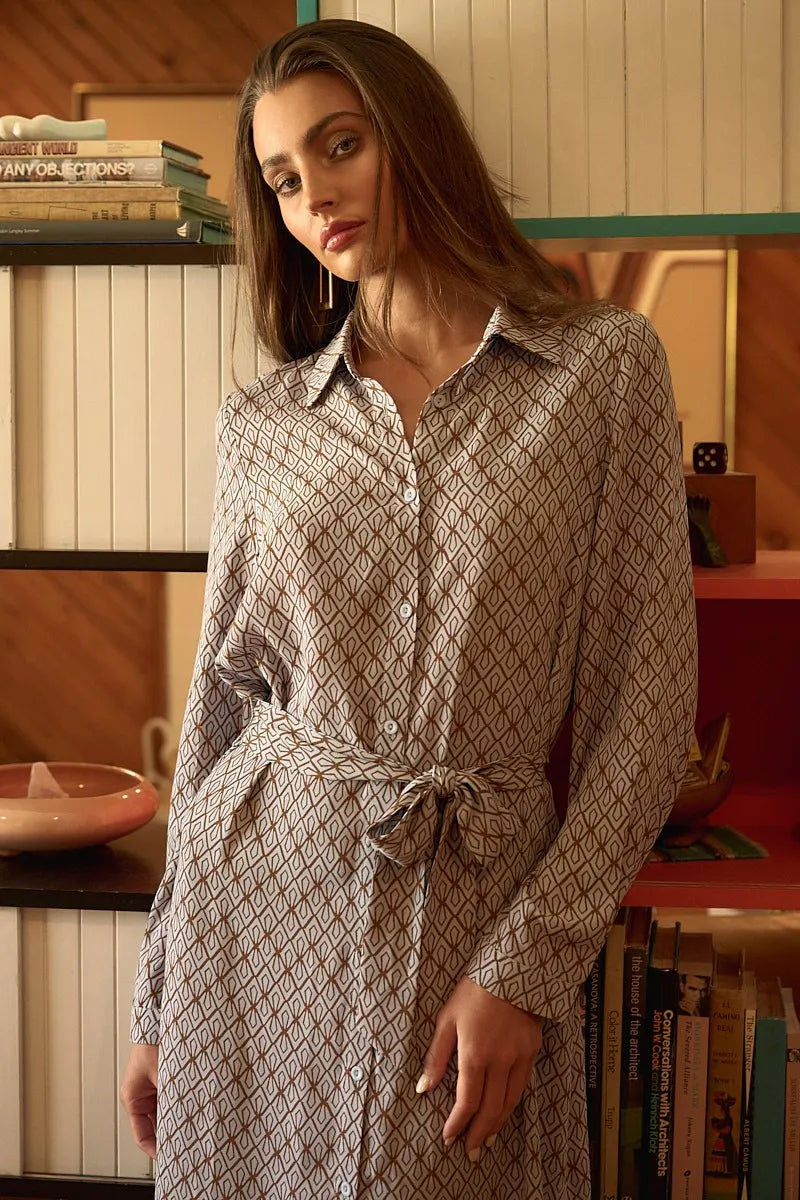 Mittoshop Abstract Print Waist Tie Midi Shirt Dress