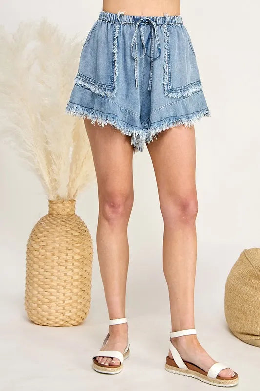 SAGE+FIG Frayed Drawstring Denim Shorts LIGHT DENIM