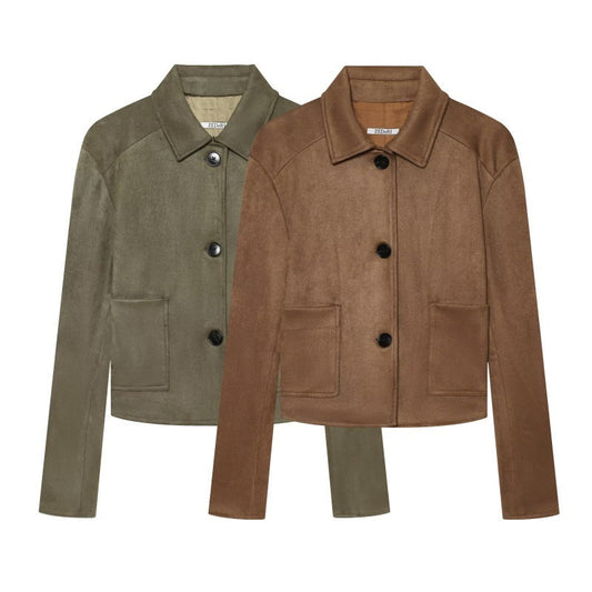 Two cropped button-front jackets with a pointed collar and flap pockets, shown overlapping on a white background. The front jacket is medium brown and the rear jacket is muted olive green.