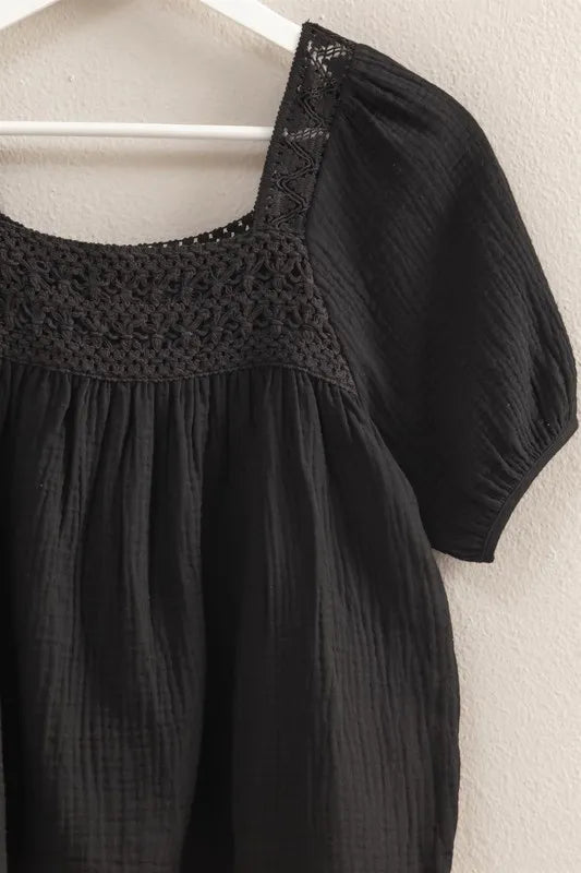 HYFVE Crochet Detail Puff Sleeve Peasant Top