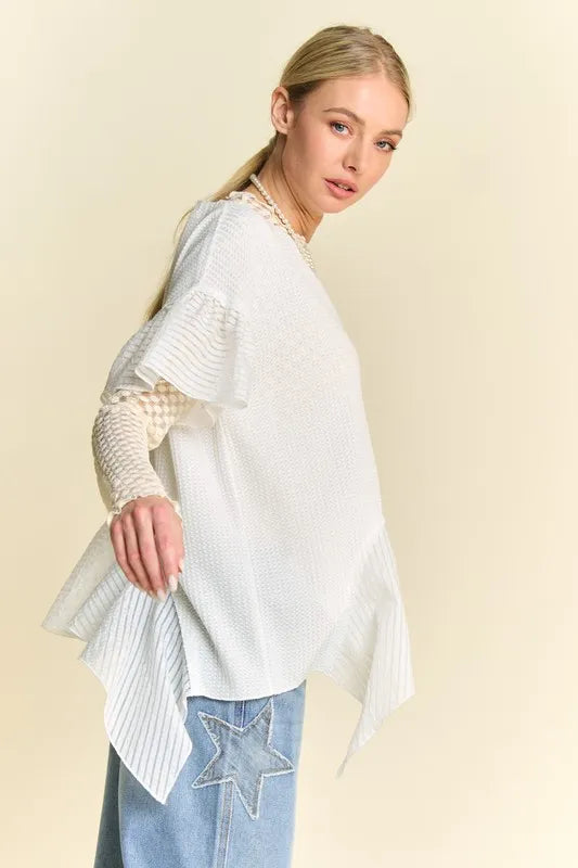Davi & Dani Waffle Knit Bodice Ruffle Bottom Detail Top